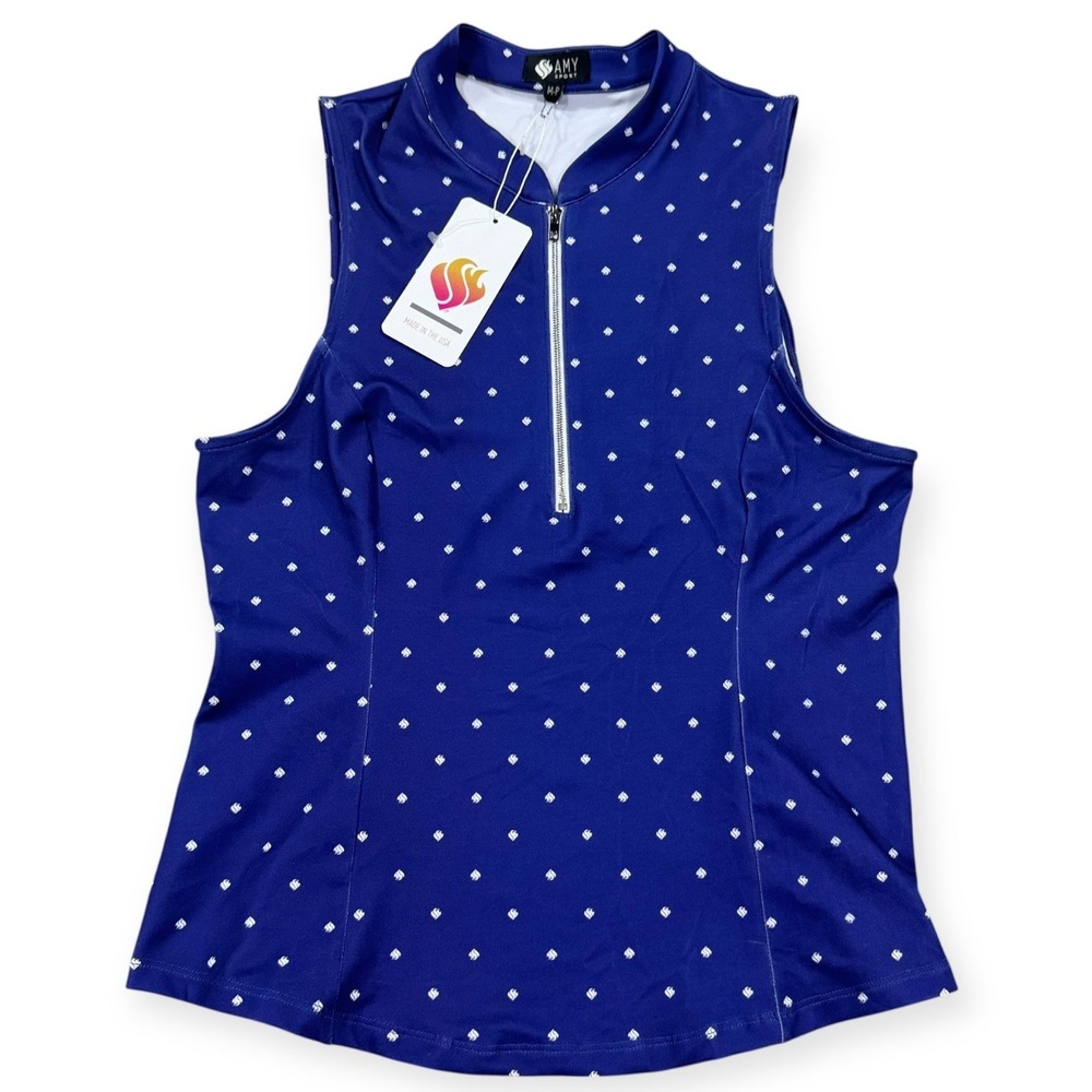 NEW Amy Sport Golf Top Women's Medium P Blue Polka Dot Frontline 2.0 Sleeveless